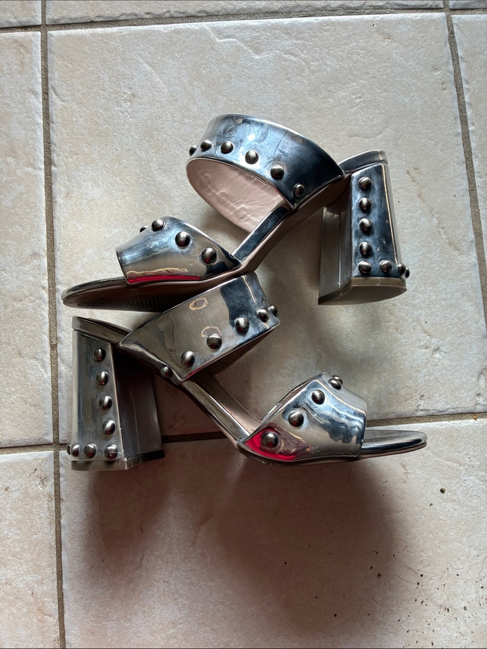 Charles By Charles David Metallic Silver Studded Block Heel Mules